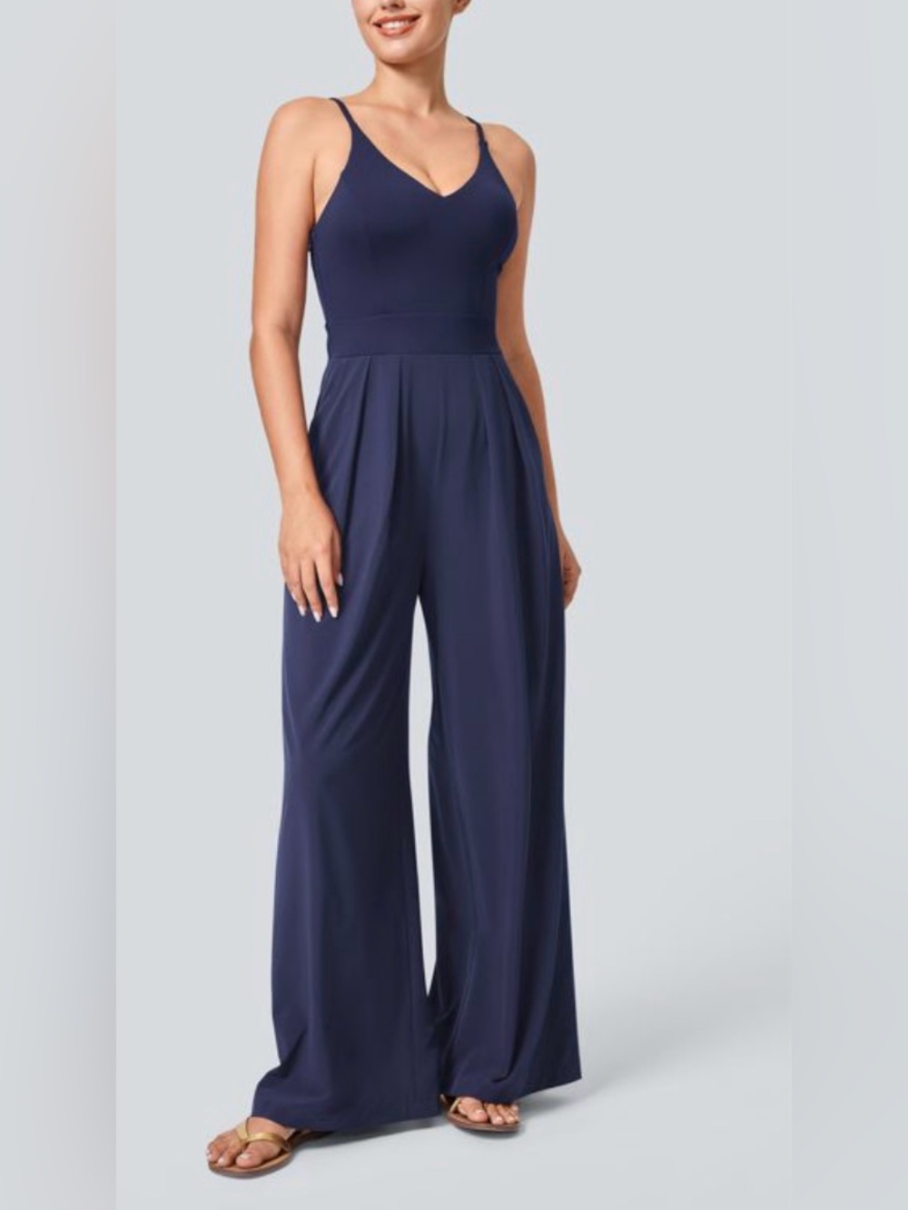 NWT Halara Blue Wide-Leg Jumpsuit w/pocket - Sleeveless V-Neck XS Tall